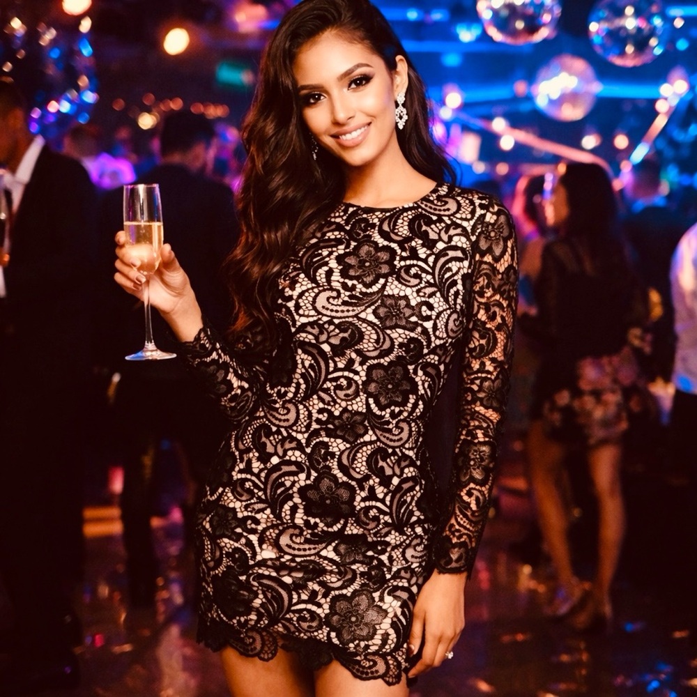 Dress the Population Dress Clara Crochet Guipure Lace Black Cocktails Party NEW
